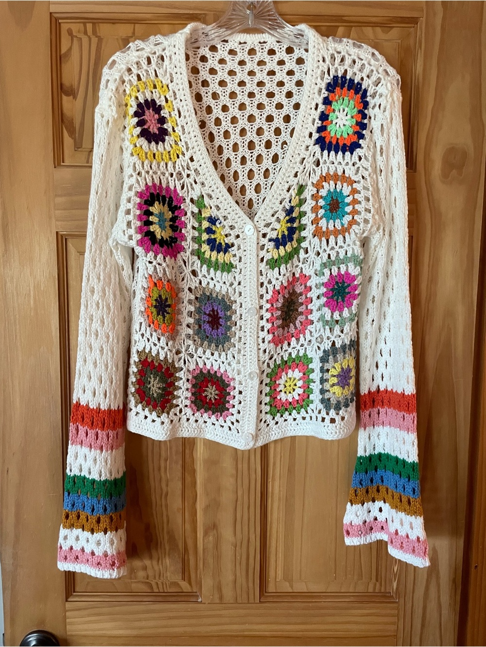 Cream Crochet V-Neck Cardigan with Multicolor Granny Squares